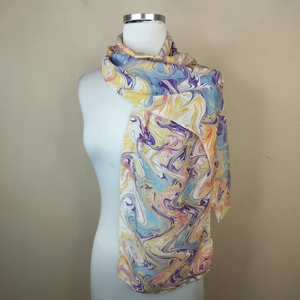 100% Silk Scarf Marbled Wavy Psychedelic Multicolor 56 x 11